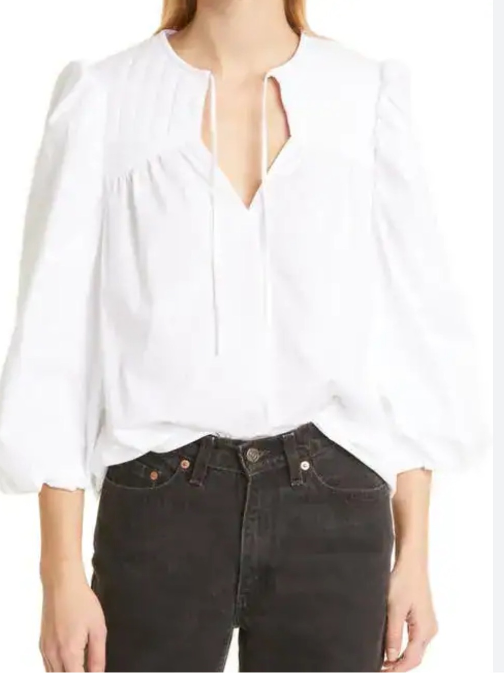 MUNTHE Cheer White Quilted Yoke Tie-Neck Puff Sleeve Blouse